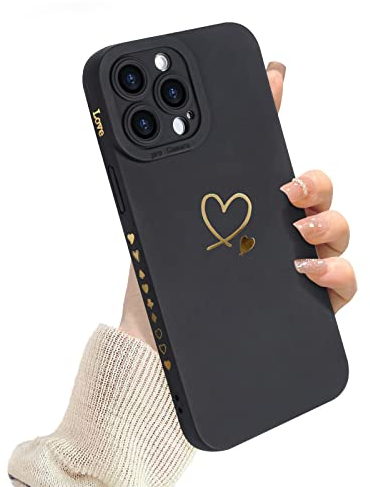 Newseego Case Compatible with iPhone 14 Pro Max (6.7-Inch) Cute Gold Love-heart Pattern Design for Women Girls Soft Liquid Silicone Protective Case with Heart Side Frame for iPhone 14 Pro Max-Black