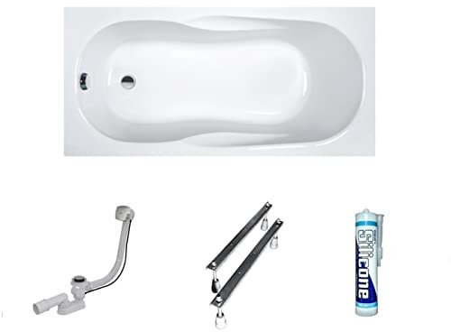 ECOLAM Baignoire rectangle acrylique As 160x70 cm, pieds, siphon et silicone. Baignoire en acrylique blanc