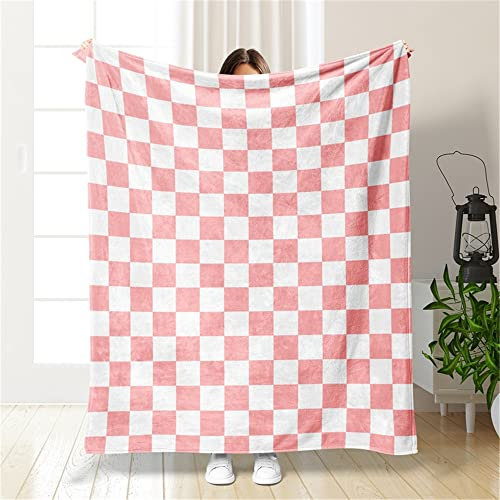 Chickwin Plaid Couverture Polaire, Damier Plaid Couverture en Flanelle Douce Chaudes Légères Couvertures Toutes Saisons Jete de Canape pour Voyager, Lit ou Canapé (150x200cm,Blanc Rose)