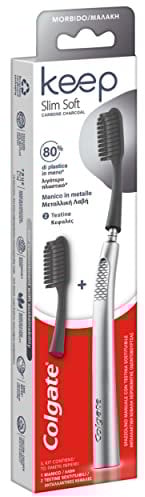 Colgate Spazzolino Keep Slim Soft setole al carbone Starter Pack | spazzolino a 2x testina sostituibile | Manico in metallo riutilizzabile