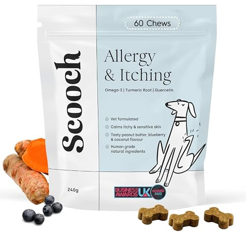 Scooch Allergy, Skin & Itch Supplement for Dogs – Vet Formulated Scratching & Sensitive Skin Support | Omega-3, Quercetin & Turmeric Chews | Peanut Butter & Coconut | Natural Human Grade, 60 Chews