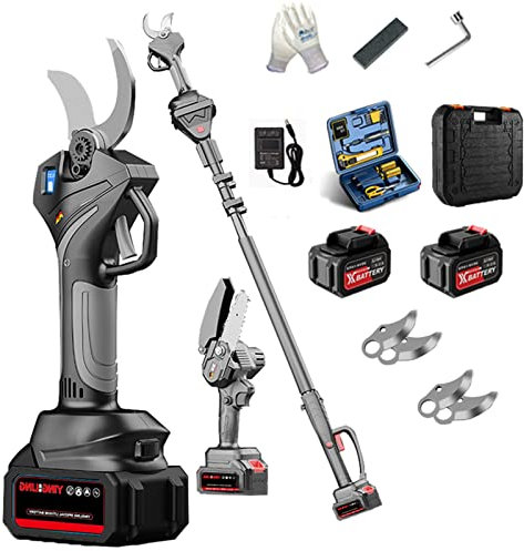 ESCOLL Secateur Electrique avec 1.9m Perche Télescopique 4-5 Heures de Temps de Travail Ciseaux Reglable sans Fil Cisailles Rechargeable avec 2 Batterie Intégrée 40mm pour L'élagage des Arbres