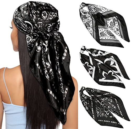 Kajeer 3 Stück Kopftuch Bandana Halstuch für Damen - 90x90cm Große Satin Seidentuch Weiches Satinschal Haarschal für Frauen