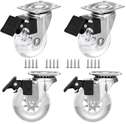 50 mm Rollräder-Set von 4, Schwere Lasten Rollräder mit Bremsen, kristallklarer Drehplatten-Rollräder, geräuschlose Sperrräder mit transparentem Polyurethan (PU) Rad