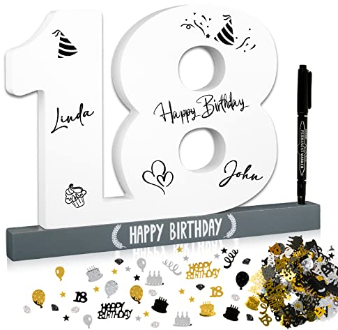 BOFUNX 18. Geburtstag Gästebuch + Geburtstag Konfetti + Stift, Holz Kreative 18. Geburtstag Geschenkidee für Mädchen Jungen Holz Andenken Tischdeko