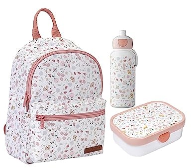 Little Dutch FB-RU-BD-PU Set Kinderrucksack & Brotdose Campus & Trinkflasche Pop-up - Flowers & Butterflies