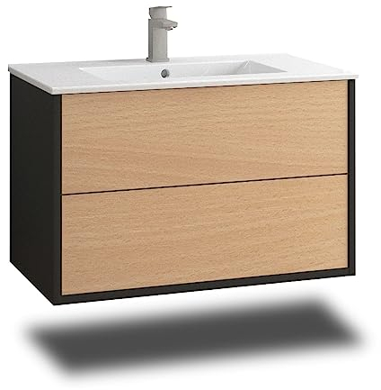 Stil.Zeit Evelia Badmöbel inkl. Waschbecken | Waschtisch mit Unterschrank 80.5 cm | Anthrazit/Dekor Buche| Push-to-Open/hängend