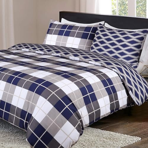 Imperial Rooms King Size Duvet Cover Sets Soft Printed Bedding Set Brushed Microfiber Duvet Covers with Pillowcases (Navy Check 230x220 CM)