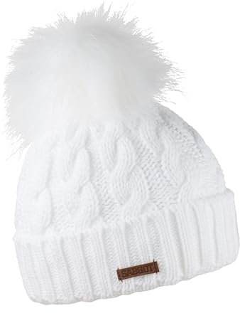 SABBOT Klassisch Damen Mütze mit Pelzbommel, Fleece-Futter, Wintermütze, Strickmuster, Warme Kappe mit Kragen (Weiß)