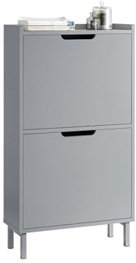 SoBuy Schuhschrank schmal mit 2 Klappen Platzsparender Schuhkipper Hoch Kommode Schuhregal geschlossen Flurschrank für Diele, Flur 50x90x19cm Hellgrau FSR151-HG