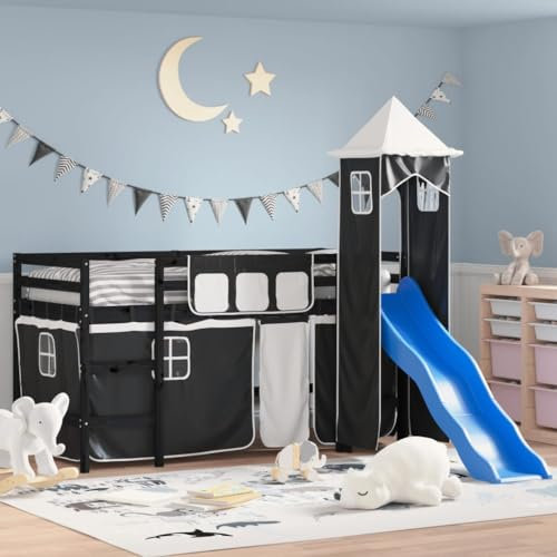 TREISL Hochbett mit Turm für Kinder, Etagenbett aus Massivholz, Komfort, platzsparend, entworfen für Spaß und Raumoptimierung, schwarz, 195,5 x 97,5 x 113,5 cm