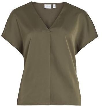Vila Damen Viellette V-Neck S/S Satin Top-Noos Kurzarmbluse 14089239,Dusty Olive,38