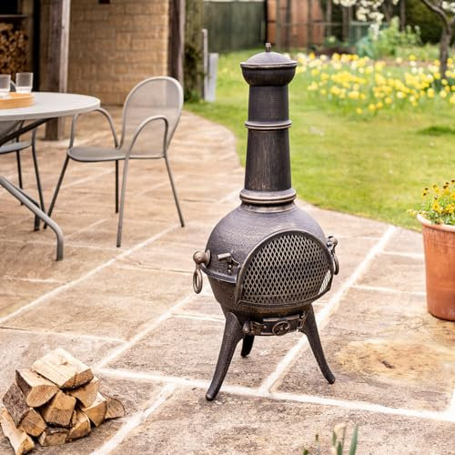Grande Clasico Chimenea – Weatherproof Bronze Effect Metal Outdoor Garden Patio Heater Log Wood Burner Fire Pit Bowl Centrepiece with Mesh Door & Fuel Grate – Measures H112 x 50cm Diameter