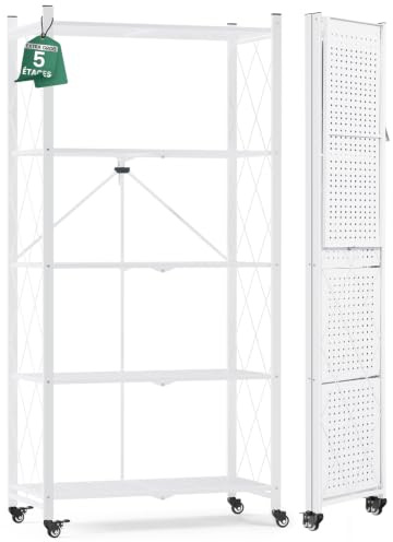 ALANNG Klappregal mit Rädern - Standregal mit 5 Ablagen, Bücherregal aus Metall - Montagefrei & Stabil - Für Küche, Wohnzimmer, Keller, Büro - Weiß | Leistungsstark, Keine Montage, Rollen, Klappregal für Küche, Keller, Speisekammer (Weiß, 1 Pack)