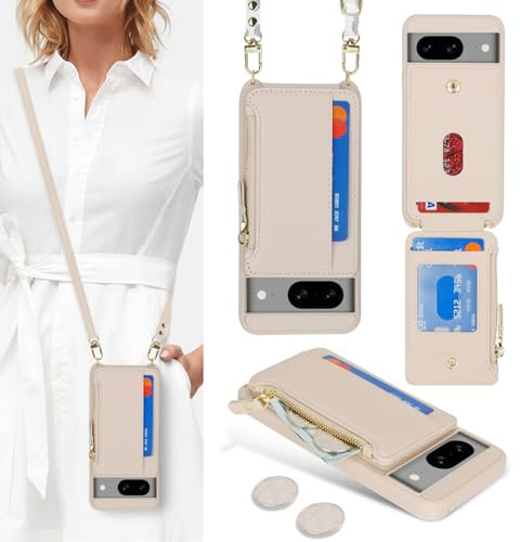 SailorTech Handyhülle für Google Pixel 8 mit Kartenfach, Verstellbarer Halskette und Reißverschluss Geldbörse - Aprikose