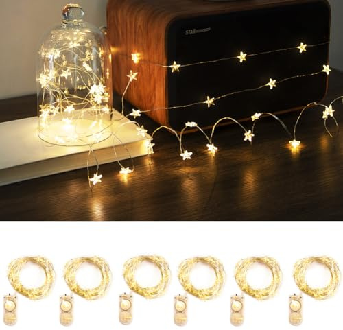 ZELUXDOT Lichterkette mit Sternen, Warmweiß, 2 m, 20 LEDs (6 Stück), Feen-Lichter, silberfarben, für Innen und Außen, wasserdicht und batteriebetrieben, für Weihnachtsdekoration, Party, Hochzeit