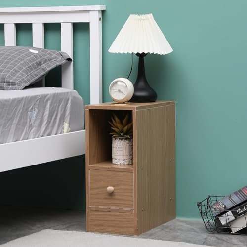 Redd Royal Tall Slim Bedroom Bedside Table Cabinet Nightstand with Storage Shelf and Drawer, Living Room Corner Small Sofa Table Side Table End Table for Narrow Space (20cm single drawer oak)