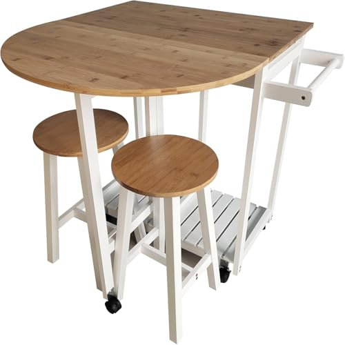 FEFE - 3PC Wooden Island On Wheels Breakfast Cart With Drop-Leaf Table, 63.5 x 33 x 80 cm Kitchen Trolley Set With 2 Stools With Drawers And Towel Rack - White
