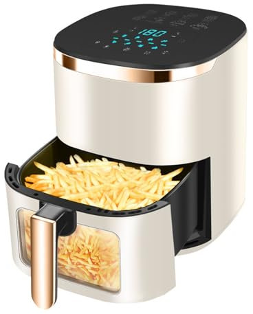 PLJKIHED Forno friggitrice ad Aria da 6 Litri con Finestra di Cottura visiva, Temperatura/Tempo Personalizzabili da 1400 W, cestello Antiaderente e Lavabile/Oro Stabilize