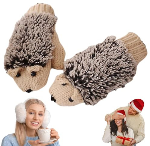 Fulenyi Igel-Fäustlinge,Igel-Fäustlinge für Damen,Gestrickte Handschuhe für kaltes Wetter | Winter-Woll-Strick-Vollfingerhandschuhe, Cartoon-Igel-Handschuhe, ohne Finger, warme Plüsch-Fäustlinge,