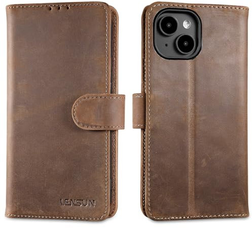 LENSUN Echtleder Hülle für iPhone 15, Handyhülle Echt Leder [Brieftasche][Kartenfach][RFID Blocker] Handytasche Schutzhülle Lederhülle - Vintage Dunkelbraun