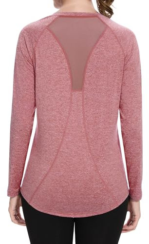 Wayleb Sportshirt Damen Langarm, V-Ausschnitt Sport T-Shirt Longesleeve Leicht Atmungsaktiv Funktionsshirt Laufshirt Trainingsshirt Back Mesh Locker Lang Sportoberteile, Weinrot XXL
