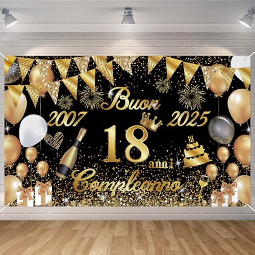 Striscione Buon Compleanno 18 Anni 2007-2025, Seutgjie Decorazioni Compleanno 18 Anni Ragazza Ragazzo per Anniversario Oro Nero 180 x 110 cm