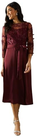Wallis Occasion Satin and Mesh Overlay Fit and Flare Dress, 14, Wine