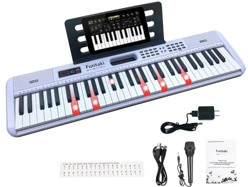 Funtaki Interactive 61-Key Digital Pianos for Students Kids - Light Up Keys, 200 rhyhms,200 tones & 60 Demo Songs, Portable Electric Piano Keyboard white