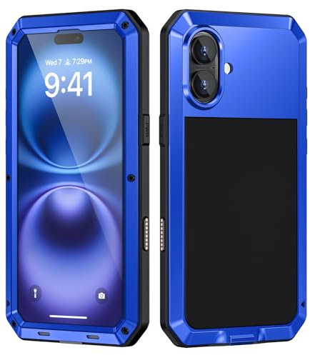Focusor für iPhone 16 Hülle Metall,Handyhülle für iPhone 16 360 Grad Outdoor Stoßfest Heavy Duty Komplett Panzerhülle,iPhone 16 Schutzhülle Staubdicht Robust Armor Case mit Displayschutz,Blau