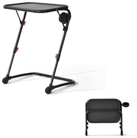 FurnitureR Tavolino portatile pieghevole con porta bicchieri, supporto per computer portatile in metallo nero per camera da letto, vassoio multiuso, altezza e angolo regolabili, 53 x 37 x 70 cm