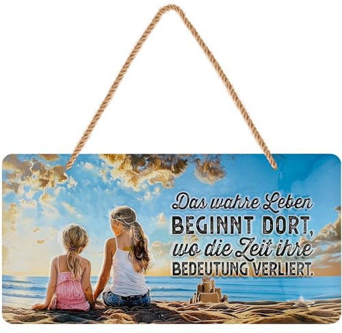 LANOLU Retro Blechschilder Das Leben beginnt dort.. vintage Metallschilder mit Sprüchen als Wanddeko für Küche und Garten - Shabby Chic Deko mit Jutekordel 16x32cm