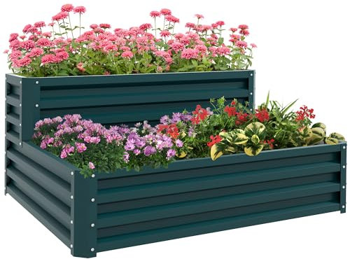 Outsunny Carré Potager de Jardin jardinière en Acier galvanisé lit de Jardin surélevé Fond Ouvert 2 étages pour Herbes légumes Fruits Fleurs 120 x 101 x 58 cm Vert