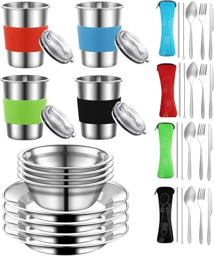 Camping Mess Kit, Edelstahl Camping Kochset beinhaltet Teller Schüssel Cup mit Dichtungsabdeckung Löffel Gabel Messer in Mesh Tasche für Backpacking, Camping, Wandern und Picknicks für 4 Person