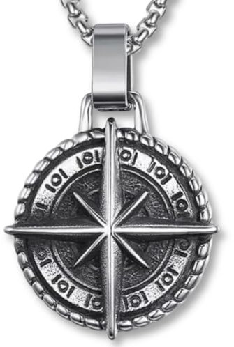 Pidak Collana Rosa dei Venti/Bussola Vichinga – Ciondolo Bussola in Stile Nordico, Argento o Oro (Silver - Argento)