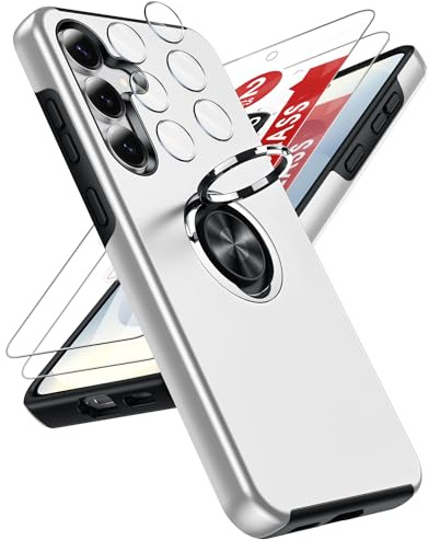 LeYi for Samsung Galaxy S25 FE Phone Case with 2 Screen, 2 Lens Protector | Invisible Metal Ring Stand Holder Shockproof Protective Mobile Cover for S25FE - Silver