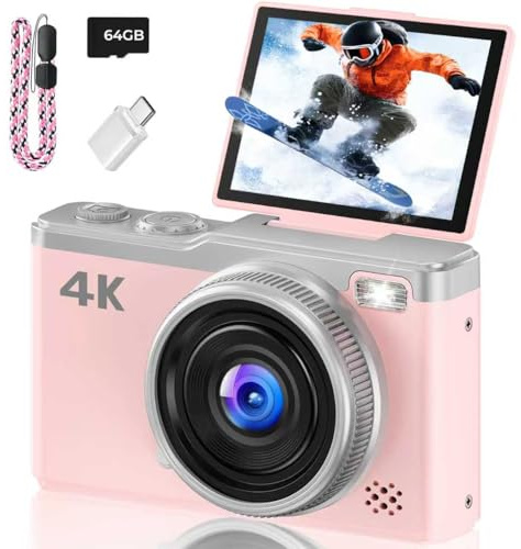4K Digitalkamera - Maxmango 64MP Autofokus Kamera Fotokamera mit 180° Klappbarer Bildschirm - 2,4 Zoll Vlogging Kompaktkamera mit 64GB Karte - 16X Zoom für Jugendliche Einsteiger - Rosa
