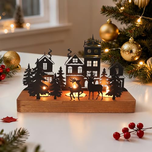 Figarge Advent Kerzenhalte für 3 Teelicht, Adventskranz Kerzenständer aus Metall mit Holz Haltern, Weihnachten Kerzentablett für Advent und Weihnachten