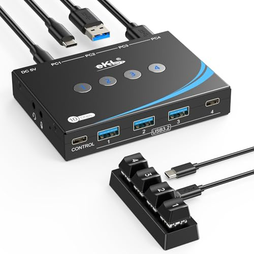 eKL Switch USB 3.2 per 4 computer, 2 ingressi USB-C+2 ingressi USB-A da 10 Gbps, condividere 1 USB-C+3 periferiche USB-A come mouse tastiera stampante scanner, con jack per cuffie microfono da 3,5 mm