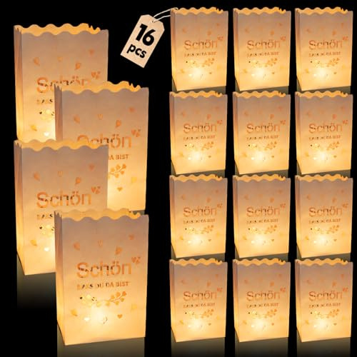 Forbabe 16 Stück Lichtertüten Schön dass du da bist Weiß Kerzentüten Papier | Wiederverwendbar Papiertüten Lichttüten Candle Bags für Taufe Kommunion Valentinstag Hochzeit Tischdeko (Ohne Teelichter)