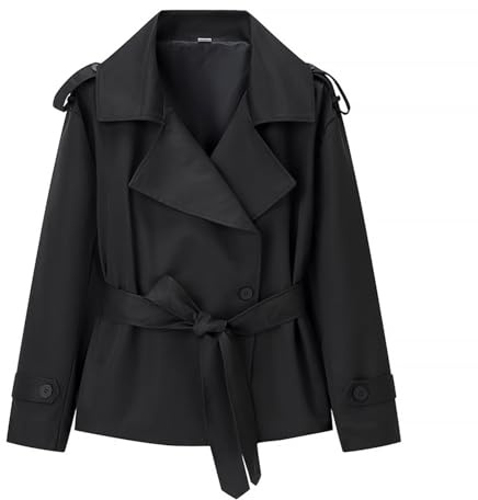Kurzer Trenchcoat Damen Business - Einfarbige Kurzmantel Übergang Elegant Mantel Zweireihig mit Gürtel Trench Coat Stehkragen Windjacke Leicht Jacke mit Knöpfen Übergangsjacke