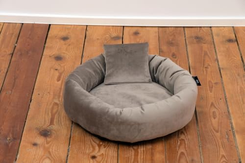 Rohrschneider Kuschelinsel Velvet Haustierbett, Samt, Runde Liegefläche, Herausnehmbares Kissen, Abnehmbar, Antirutsch, mit Dekokissen (Taupe, S)