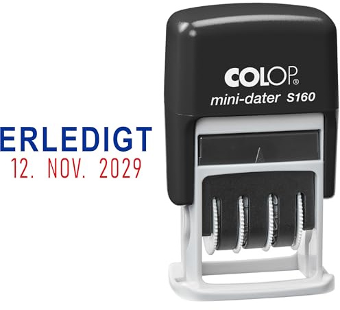 COLOP S160 Datumstempel ERLEDIGT – zweifarbig Rot Blau Abdruck – selbstfärbend – Mini Büro Stempel mit Datum für Dokumente Verwaltung ca. 25x5 mm
