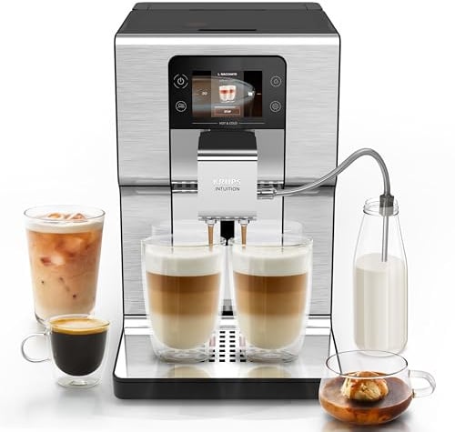 KRUPS Intuition Experience Hot&Cold Kaffeevollautomat, 2-Tassen-Funktion | 30 individuelle Heiß- und Kaltgetränke, intuitiver Touchscreen, One-Touch Milchsystem, Auto-Reinigung, Silber, EA879EE0