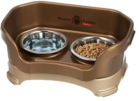 Neater Feeder - Deluxe Model - Mess-Proof Cat Bowls (Cat, Bronze) - Made in USA - Elevated, No Spill, Non-Tip, Non-Slip, Raised Stainless Steel Food & Water Pet Bowls