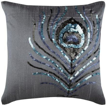 The HomeCentric Handgefertigt Silber Dekorative Kissenbezug, Pailletten Pfau - Feder Kissen Decken, Kissenbezuge 45x45 cm, Platz Seide Kissen Decken, Blumen Art Deco Werfen Kissen - Peacock Feather