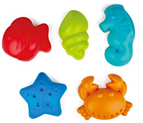 Hape - Moule Sable Thèmes Animaux Marins - Construction de Château de Sable Enfant & Bac À Sable - Set Jouet de Plage 5 Pièces Multicolores - Plastique Durable de Haute Qualité - Dès 18 Mois