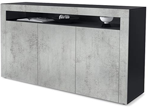 Vladon Sideboard Valencia, Made in Germany, Kommode mit 3 Türen und 1 offenem Fach, Schwarz matt/Beton Oxid Optik/Beton Oxid Optik (155 x 92 x 40 cm)