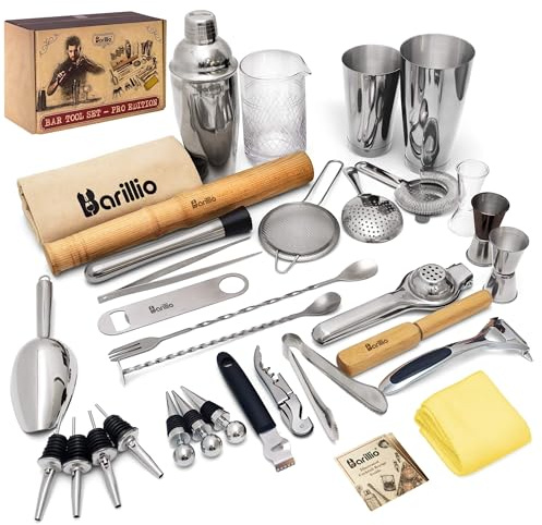 Barillio Bar Tool Set Pro Edition - Stainless-Steel Cocktail Shaker Set - Mixology Bartender Kit w/Boston Shaker, Drink Mixer & Muddler for Cocktails - Home Bar Accessories - 32-Pc Bar kit