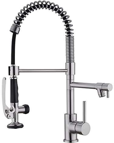 EKRTE Robinet de cuisine rétractable en nickel brossé avec pulvérisateur, poignée unique, laiton massif, hauteur 47 cm, garantie 5 ans